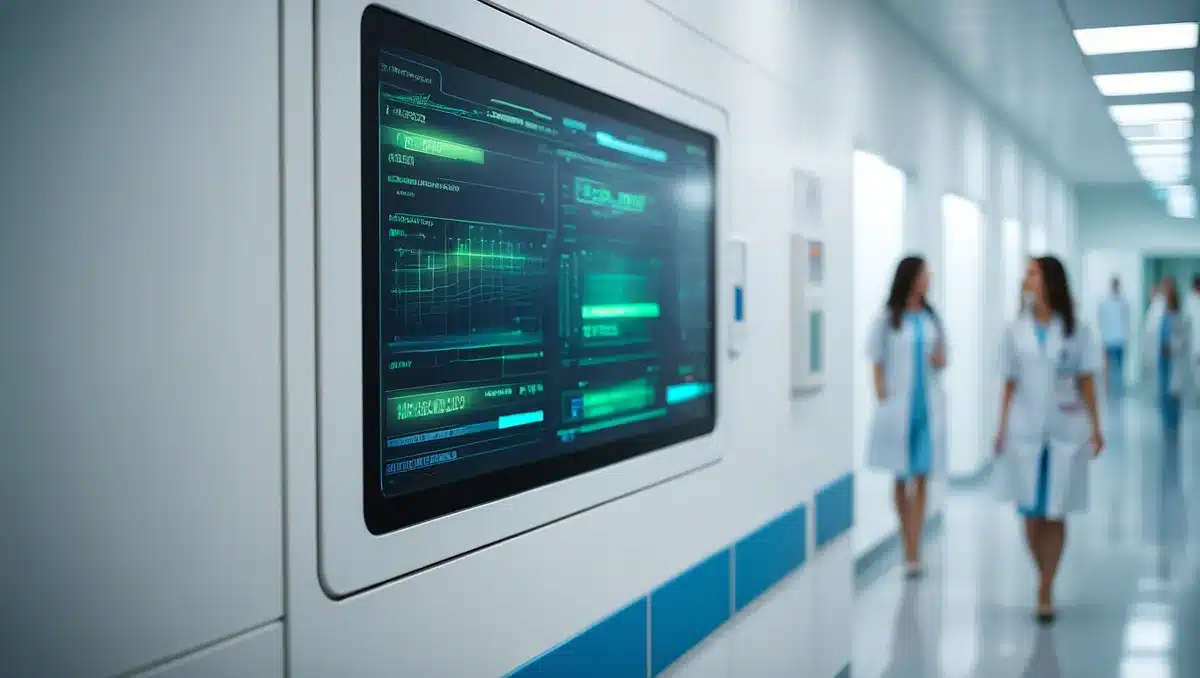 A hospital corridor with glowing digital displays showing patient data and clinical AI recommendations, with blurred medical professionals in the background | hospital clinical AI implementation