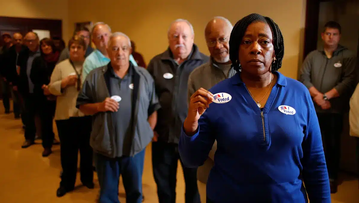 Diverse group of voters standing in line at a polling place, some holding "I Voted" stickers, warm indoor lighting | primary election voting line