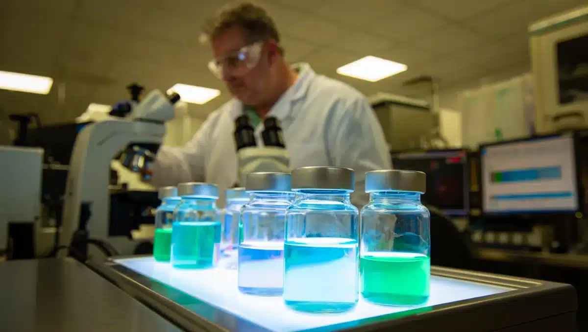 A modern pharmaceutical laboratory with glowing vials and clinical equipment, representing advanced drug development and research. | pharmaceutical lab testing