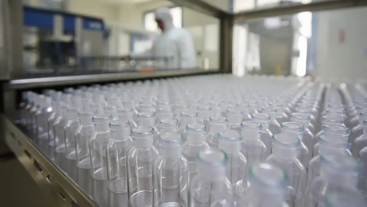 A pharmaceutical production facility with Mounjaro injection pens in sterile manufacturing conditions, showing vials under clinical lighting. | drug manufacturing facility