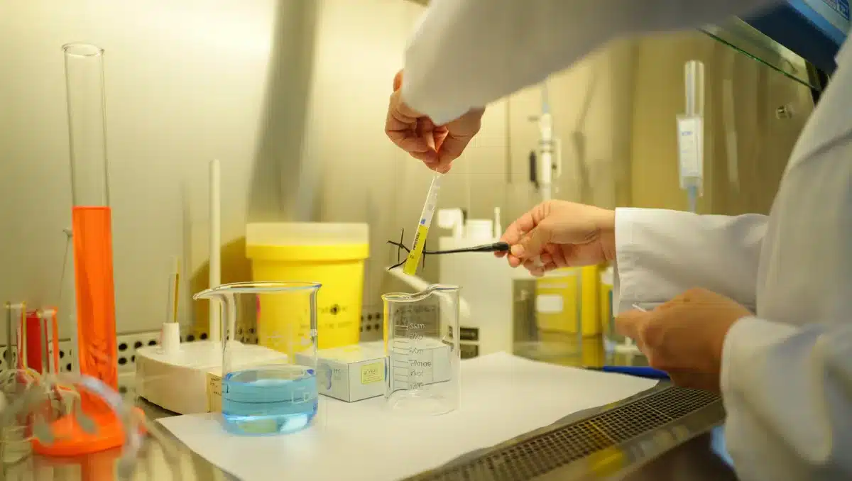 Pharmaceutical laboratory workspace with beakers and testing equipment on a clean bench, focused on scientific research and drug development innovation | drug research laboratory