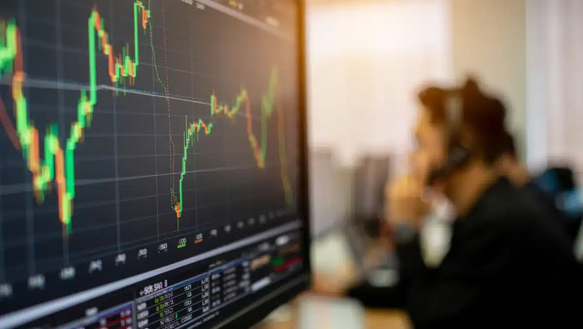 Stock market trading screen displaying rising green candlestick charts and financial data, with a blurred trader or analyst in the background | stock market trading screen