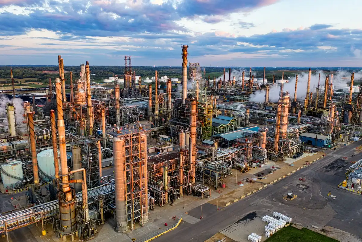Oil refinery complex at dusk with tall industrial towers silhouetted against a glowing sky, streams of light reflecting off storage tanks, the vastness of energy infrastructure stretching to the horizon