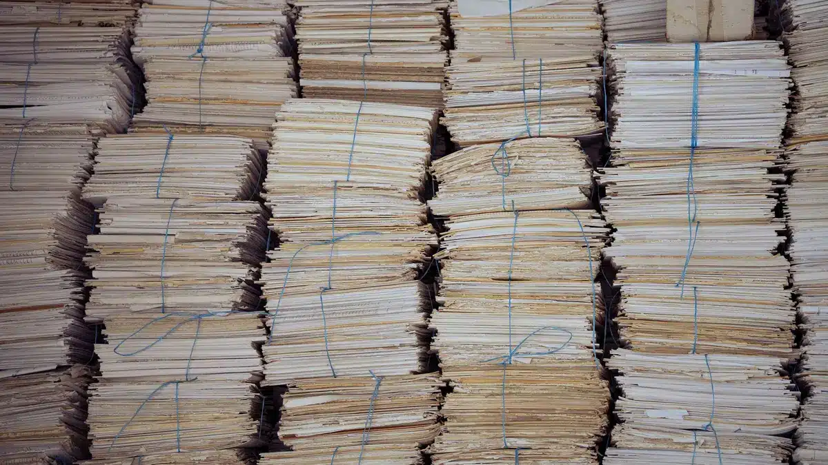 An office environment showing credit bureau files stacked on shelves with a computer screen displaying data, dim lighting suggesting regulatory oversight