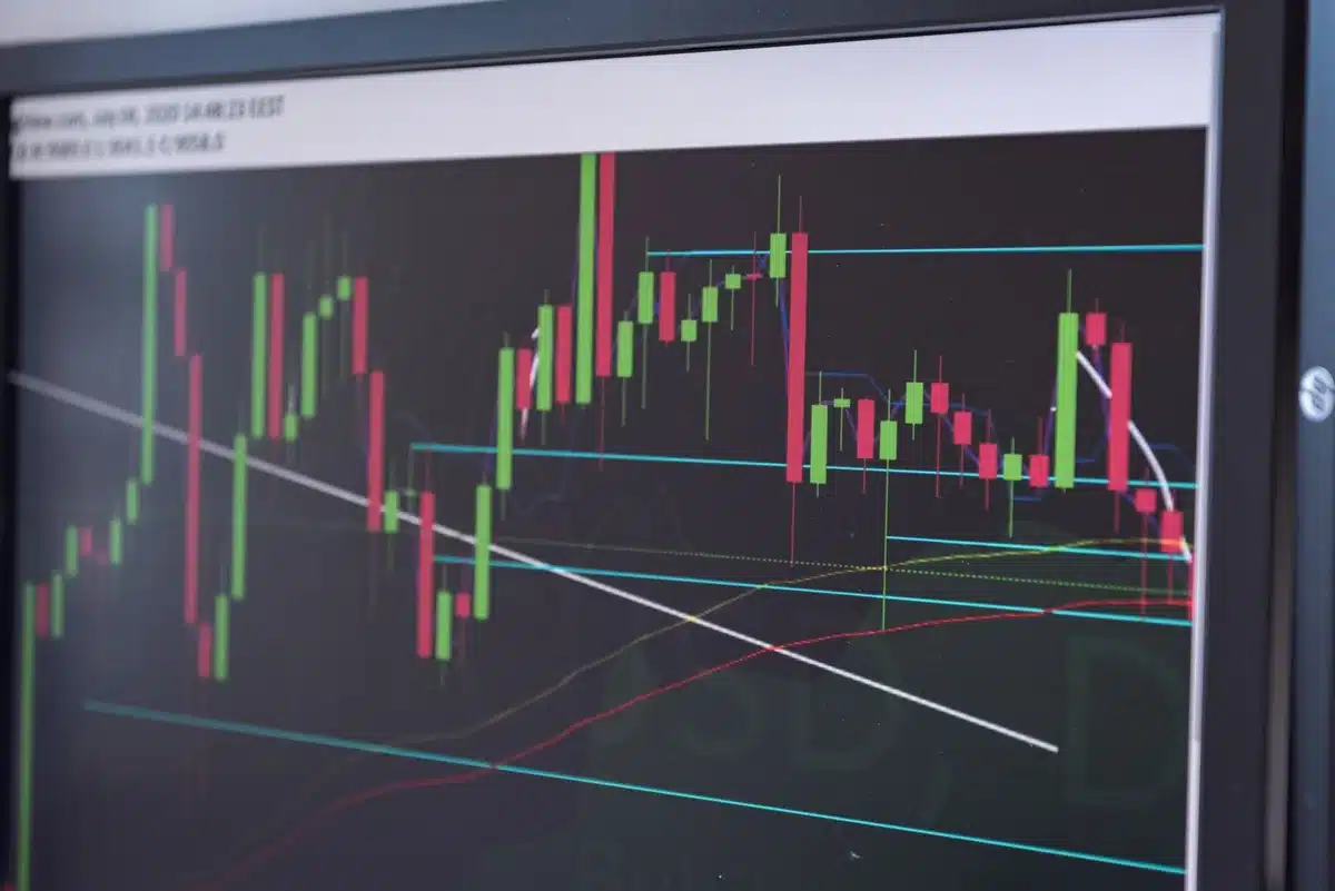 Cryptocurrency exchange interface showing Ethereum price chart near $1,920 with candlestick patterns and support/resistance levels marked, cool blue and green tones indicating technical analysis data.