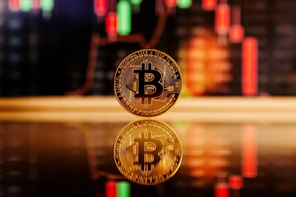 A bustling digital trading floor with multiple screens displaying green price movements, abstract blockchain nodes connecting in the background, traders' silhouettes against glowing data streams.
