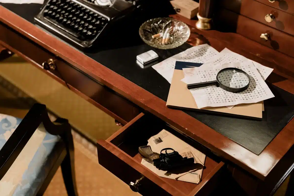 A stack of typed documents or diary pages fanned out under a single desk lamp, edges worn and marked with annotations, creating a sense of scrutiny and investigation in dim light.