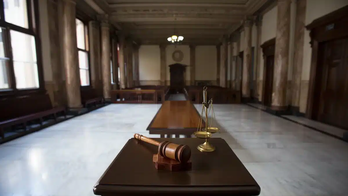 A federal courthouse interior with empty marble halls and judicial benches, austere and formal, conveying institutional solemnity and vulnerability | federal courthouse empty halls