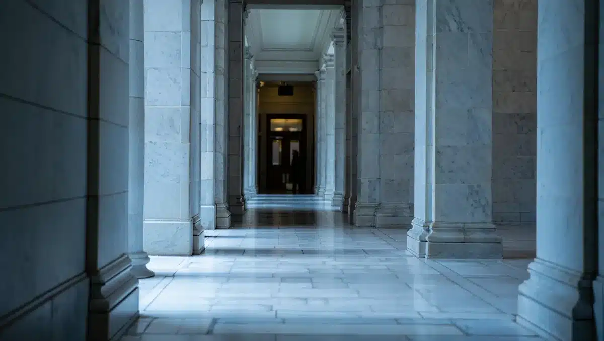 Federal courthouse marble hallway empty and austere, conveying institutional formality and security vulnerability | federal courthouse security