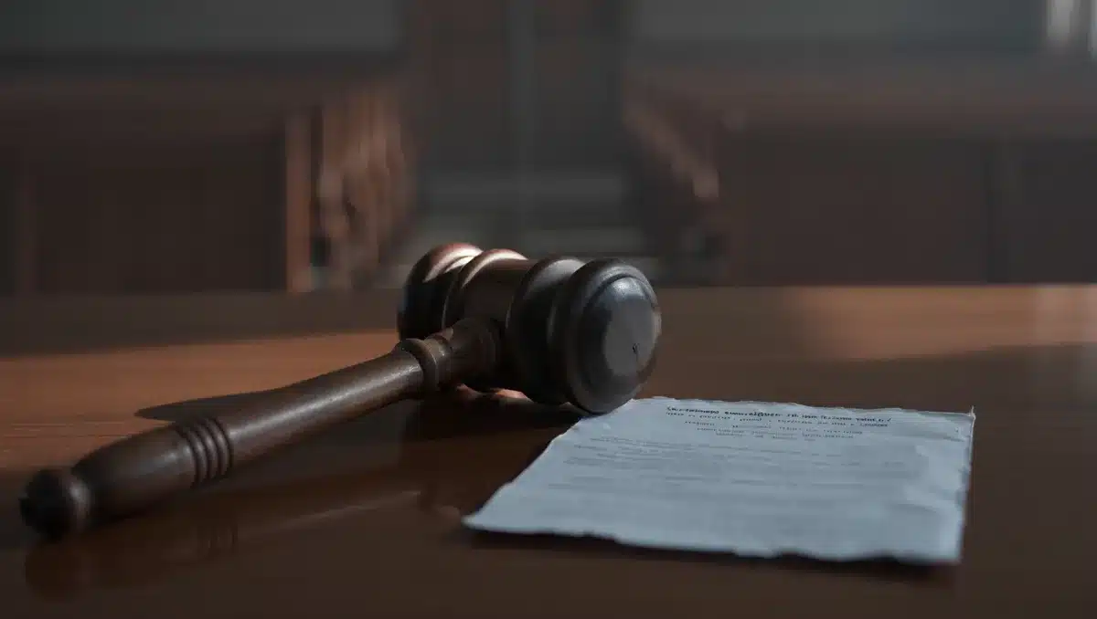 Gavel on empty desk in dim courtroom lighting with threatening letter visible, conveying judicial vulnerability | judicial gavel threatening mail