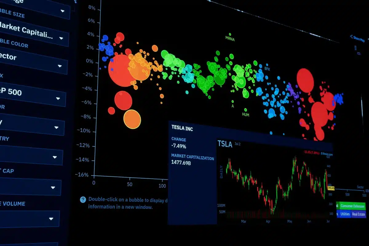 Laptop screen displaying financial charts and stock price movements in real time, with candlestick patterns and declining red indicators visible, conveying market volatility and investor concern
