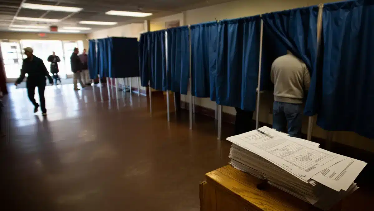 A polling place interior with voting booths and election signage, voters at the entrance | voting booth primary election