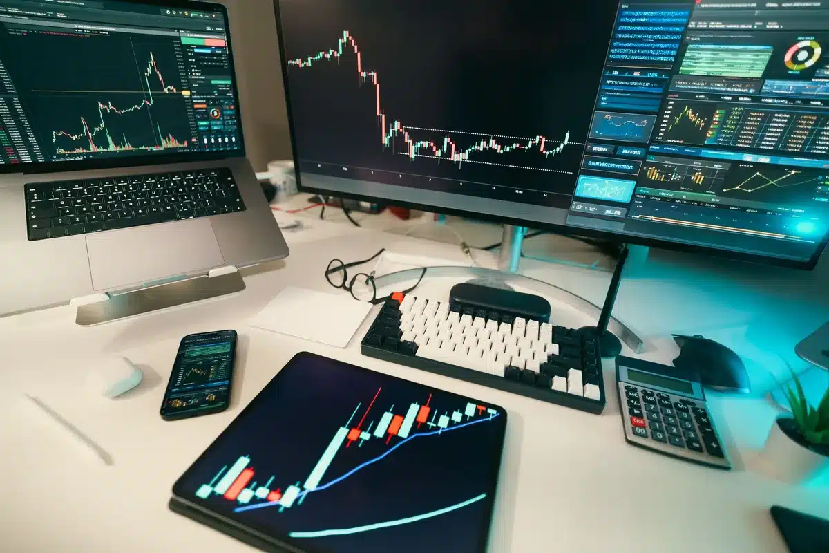 A digital display showing a calendar interface with color-coded economic events in red, orange, and yellow folders, with timestamp data and currency pairs visible, set against a dark trading dashboard background.