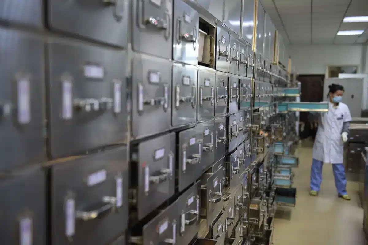 A secure government facility interior with classified document storage, harsh fluorescent lighting, metal doors with security badges and access panels, a solitary desk with a computer screen showing restricted content warnings — authority and secrecy