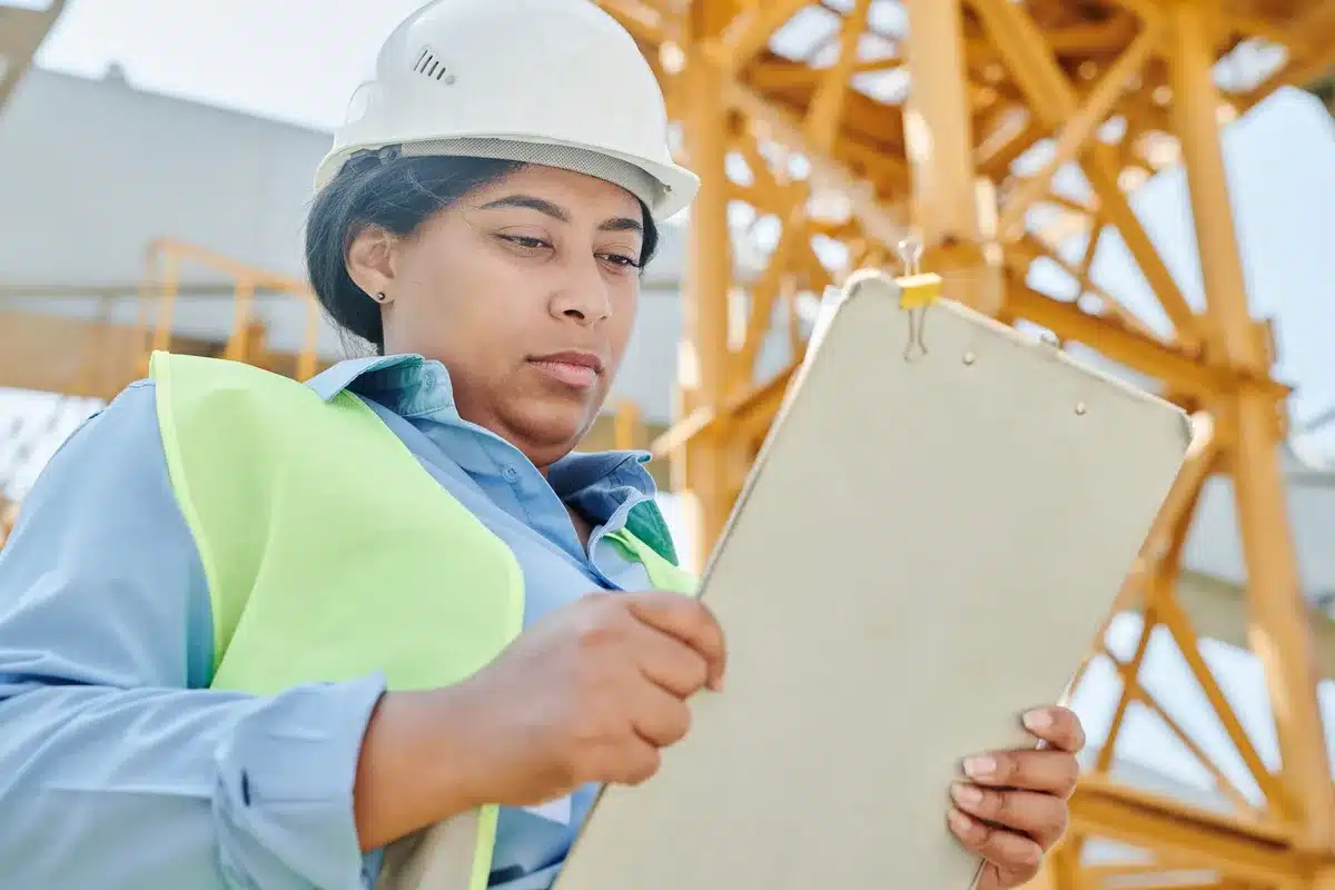 A USDA Food Safety and Inspection Service official at a port of entry holding a clipboard, examining unmarked cardboard boxes of meat under fluorescent lighting, focused and attentive