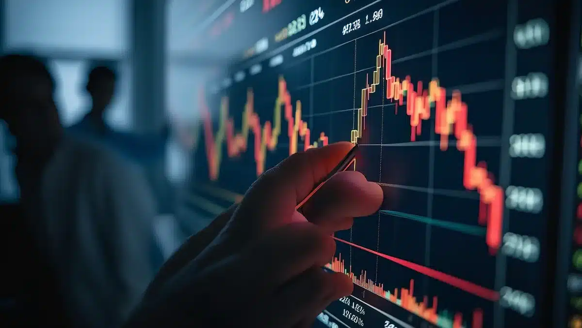 A stock trading terminal displaying declining candlestick charts in red, with numerical tickers and percentage losses visible on a dark screen, market volatility evident | stock market decline screen