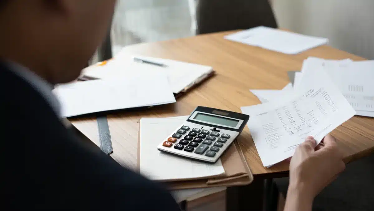 A corporate office conference table with scattered financial documents, balance sheets, and debt restructuring papers, a pen resting on a calculator showing negative numbers | debt restructuring documents