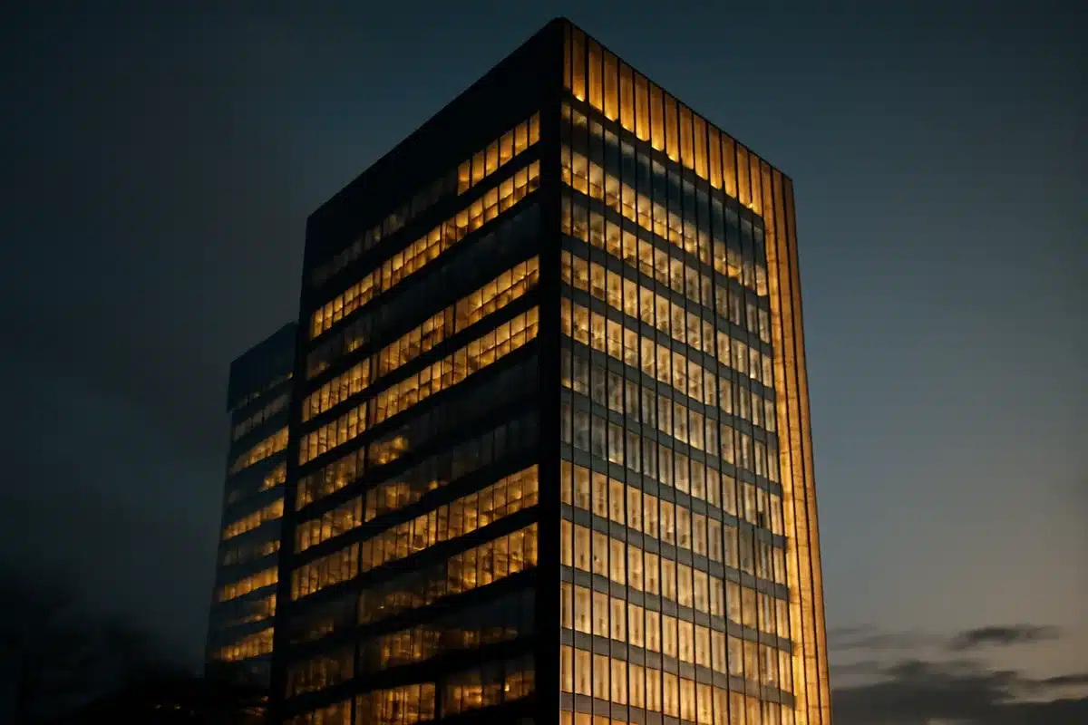 A modern office tower with illuminated glass facade at dusk, sleek architectural lines catching golden light, representing a major tech investment headquarters | tech company headquarters building