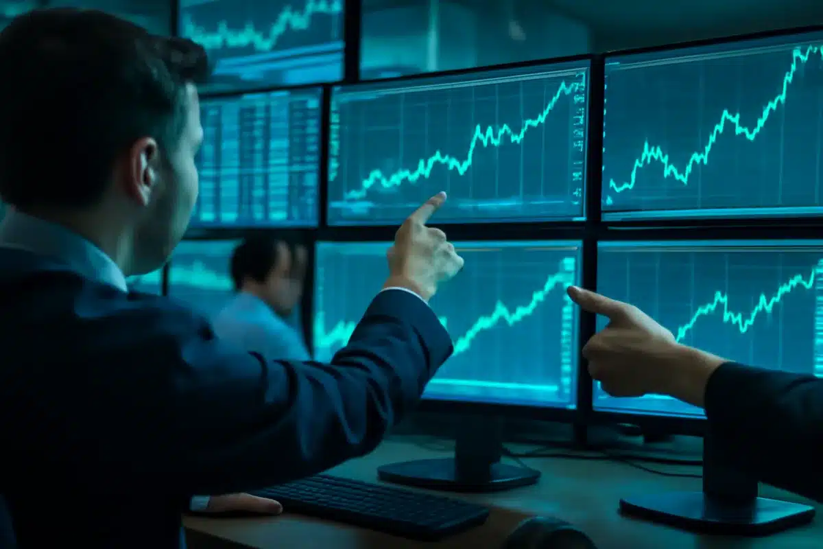 A financial trading floor with multiple screens displaying stock charts and data, hands pointing at rising trend lines, soft blue and green glow from monitors | stock market trading screens