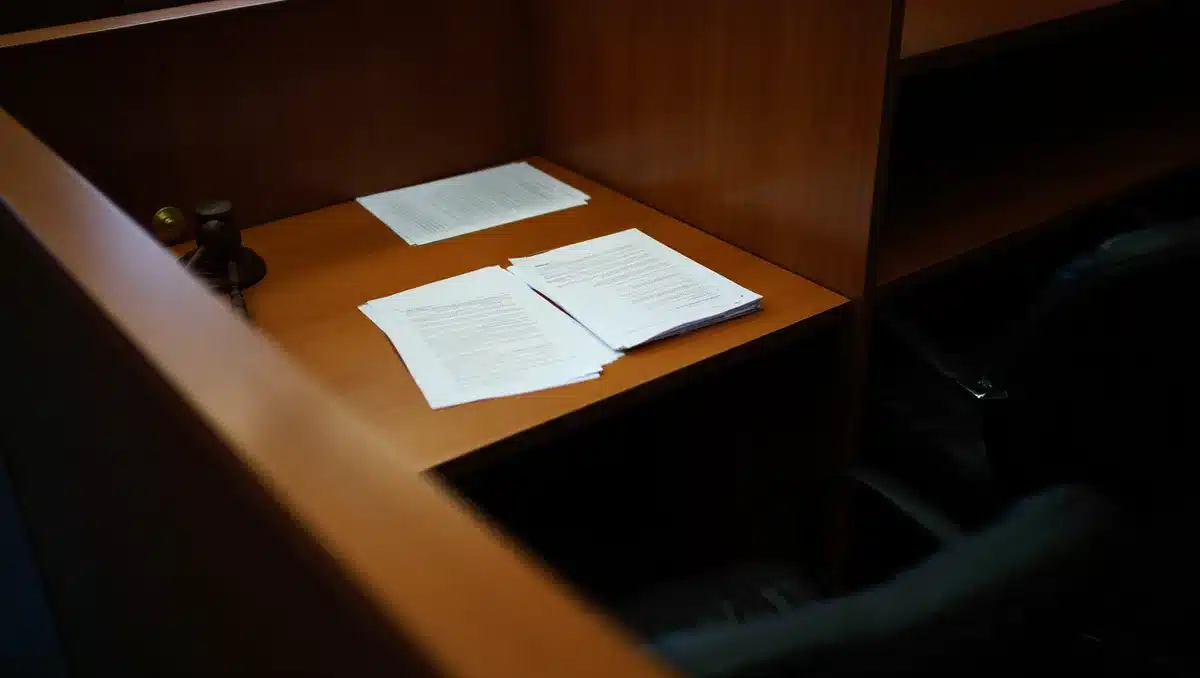 A closed courtroom door with legal documents on a mahogany desk, harsh overhead lighting casting sharp shadows, a gavel resting nearby &mdash; tension.