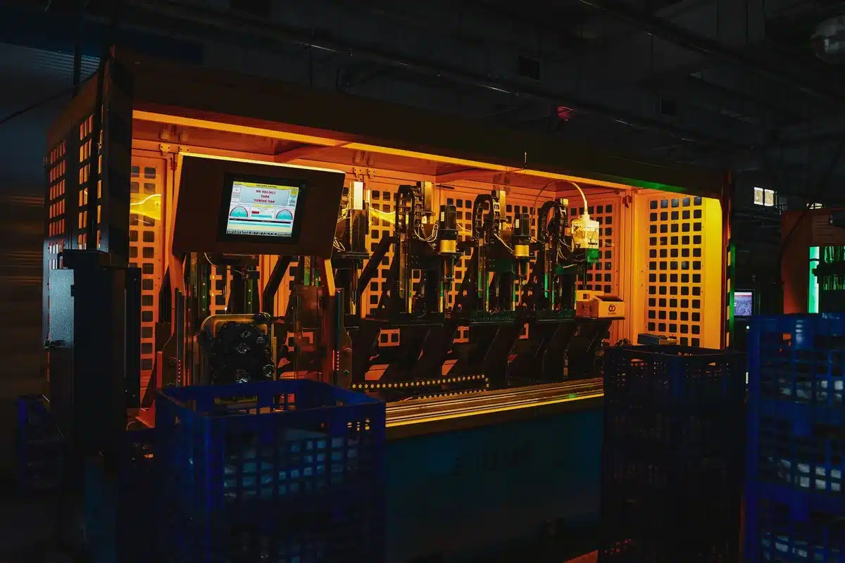A sprawling factory floor with robotic arms and automated machinery in motion, precision metal components moving along conveyor systems, industrial lighting illuminating the workspace, workers in safety gear overseeing operations, a sense of coordinated automation and human oversight.