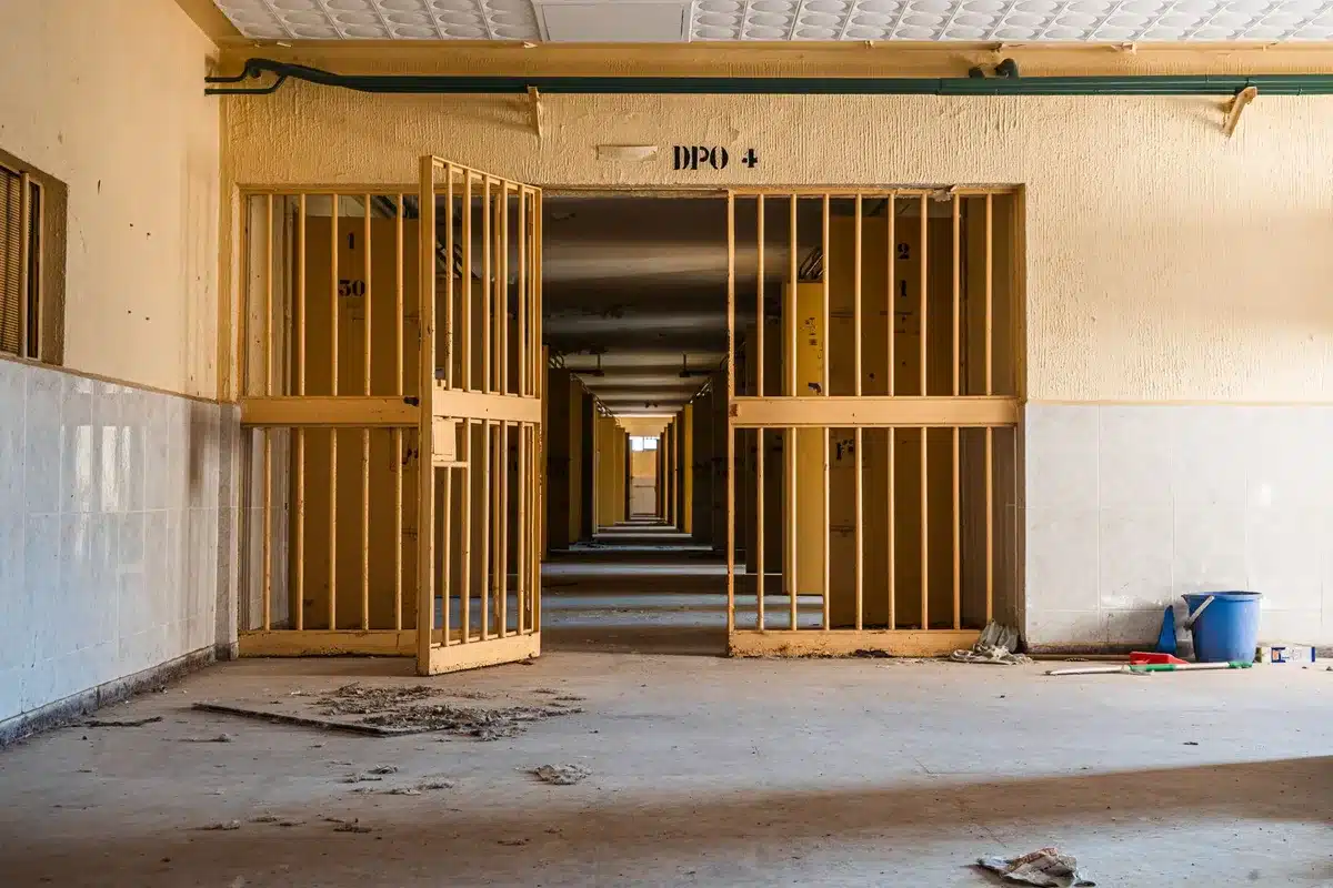A lone figure walking down a dimly lit institutional corridor with closed doors on either side, fluorescent lighting casting harsh shadows, a sense of isolation and uncertainty