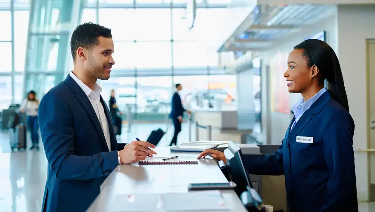 A car rental facility counter with an agent assisting a customer, modern airport terminal background, bright midday light, professional business atmosphere | car rental counter service