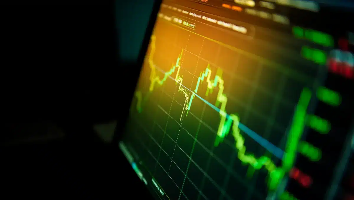 A stock trading screen displaying rising green candlestick charts and ticker symbols, blurred financial data in background, warm glow on a dark screen | stock market trading screen