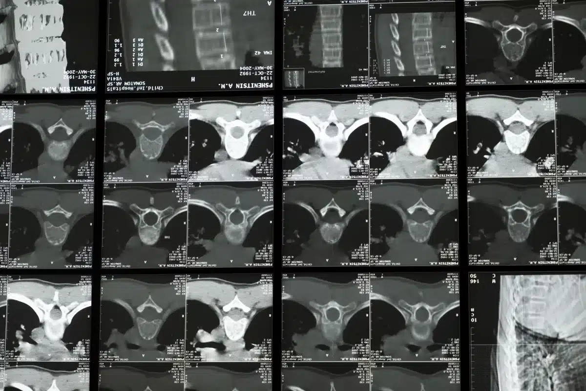 Medical imaging screen displaying scan results with glowing data points, hands of a medical professional pointing at the display in soft clinical lighting, suggesting the diagnostic and monitoring process