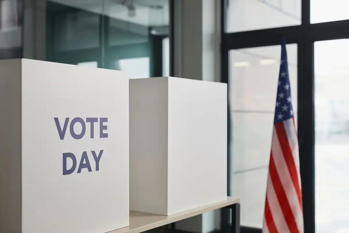 A polling station or voting location with empty voting booths, soft natural light streaming through windows, calm and civic atmosphere, suggesting the importance of independent voter participation