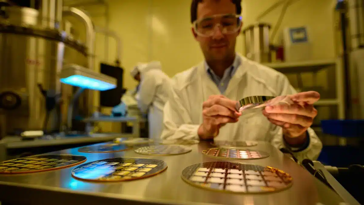 A glowing quantum chip fabrication environment with semiconductor wafers under soft blue light, representing advanced manufacturing technology | quantum chip manufacturing facility