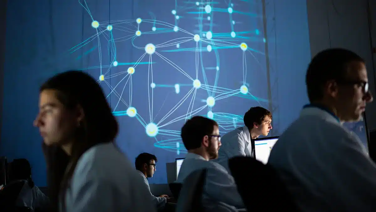 An abstract visualization of quantum computing infrastructure with interconnected nodes and glowing pathways, symbolizing integrated quantum systems | quantum computing network visualization