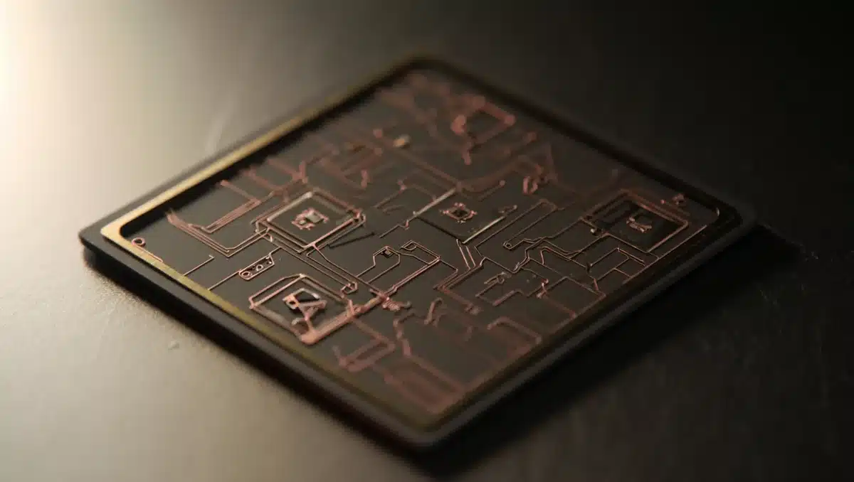 Quantum computing processor under magnification showing intricate circuit patterns and ion trap architecture | quantum processor chip closeup