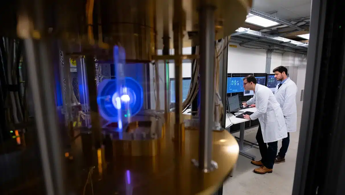 Quantum computing server room with glowing optical components and quantum processors, scientists monitoring displays | quantum computing facility
