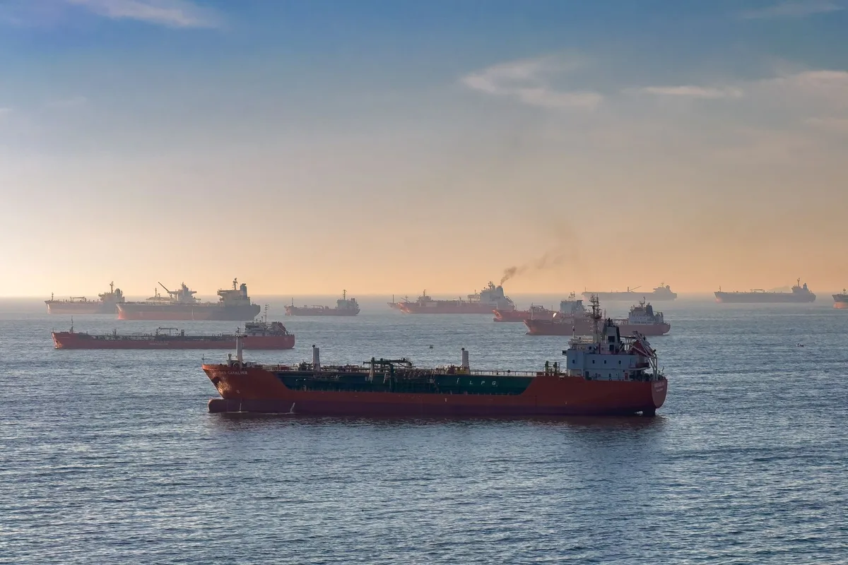 Cargo vessels anchored motionless in turquoise strait waters with distant rocky coastlines, cranes and port infrastructure idle, one ship visible on the horizon