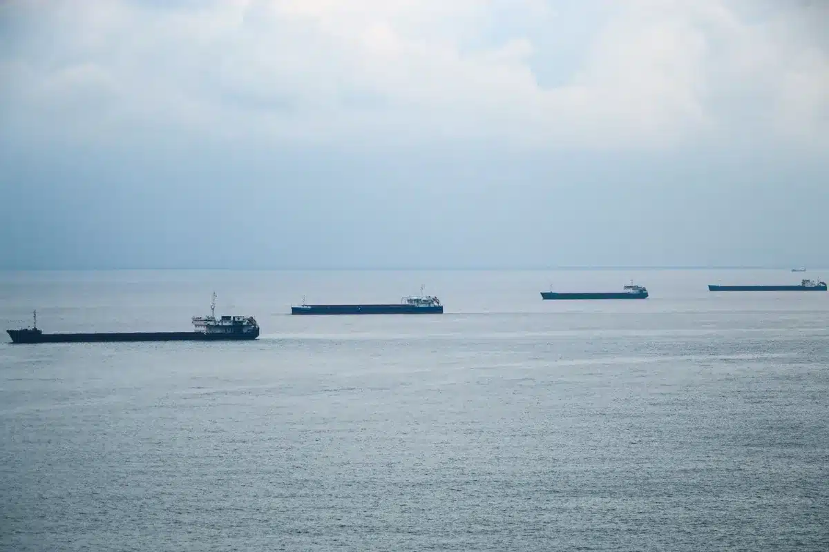 Busy international shipping corridor through narrow strait, cargo vessels transiting between rocky coastlines, maritime flags visible, global commerce amid geopolitical tension