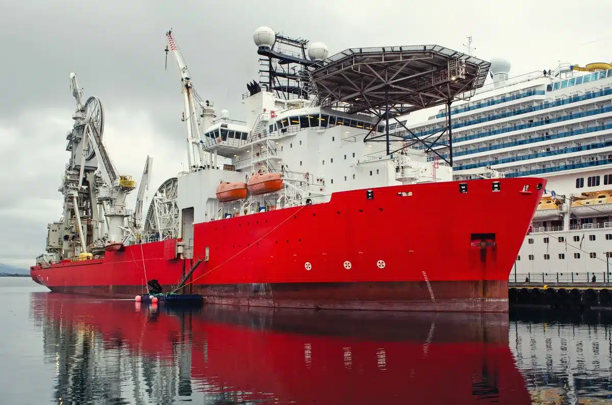 Oil tanker at dock with loading equipment, industrial port facility, clear skies, global trade infrastructure