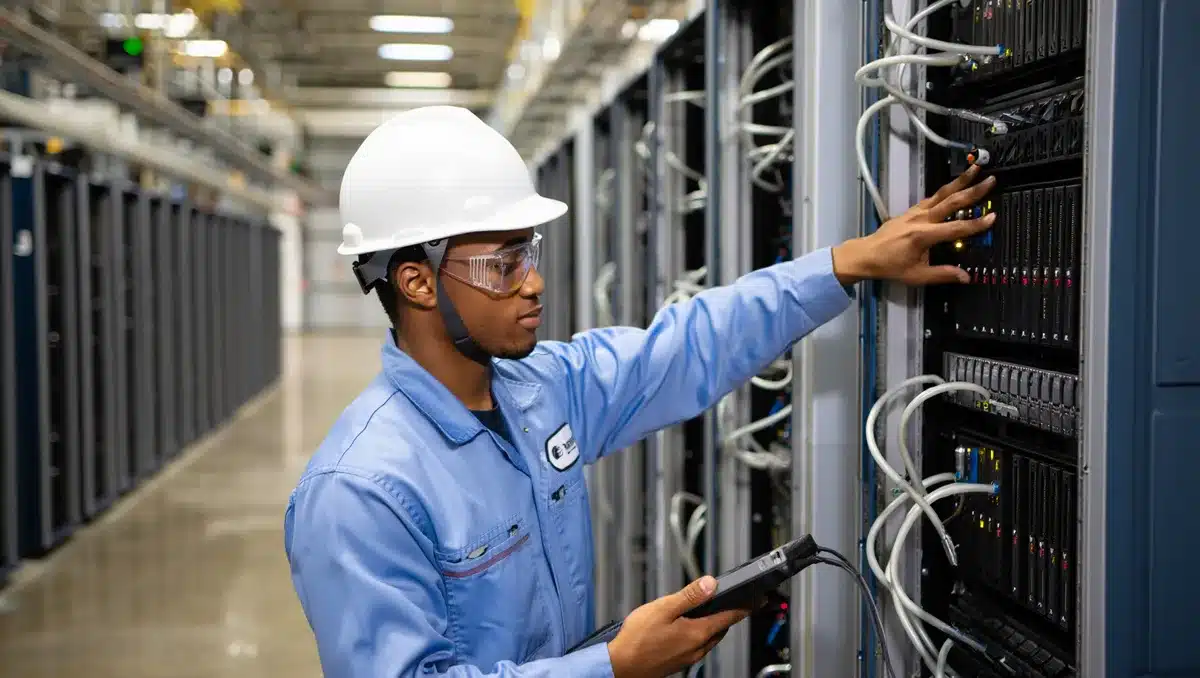 A data center facility with rows of liquid-cooled GPU servers, direct-to-chip cooling systems visible, a technician in safety gear inspecting equipment | data center GPU infrastructure AI
