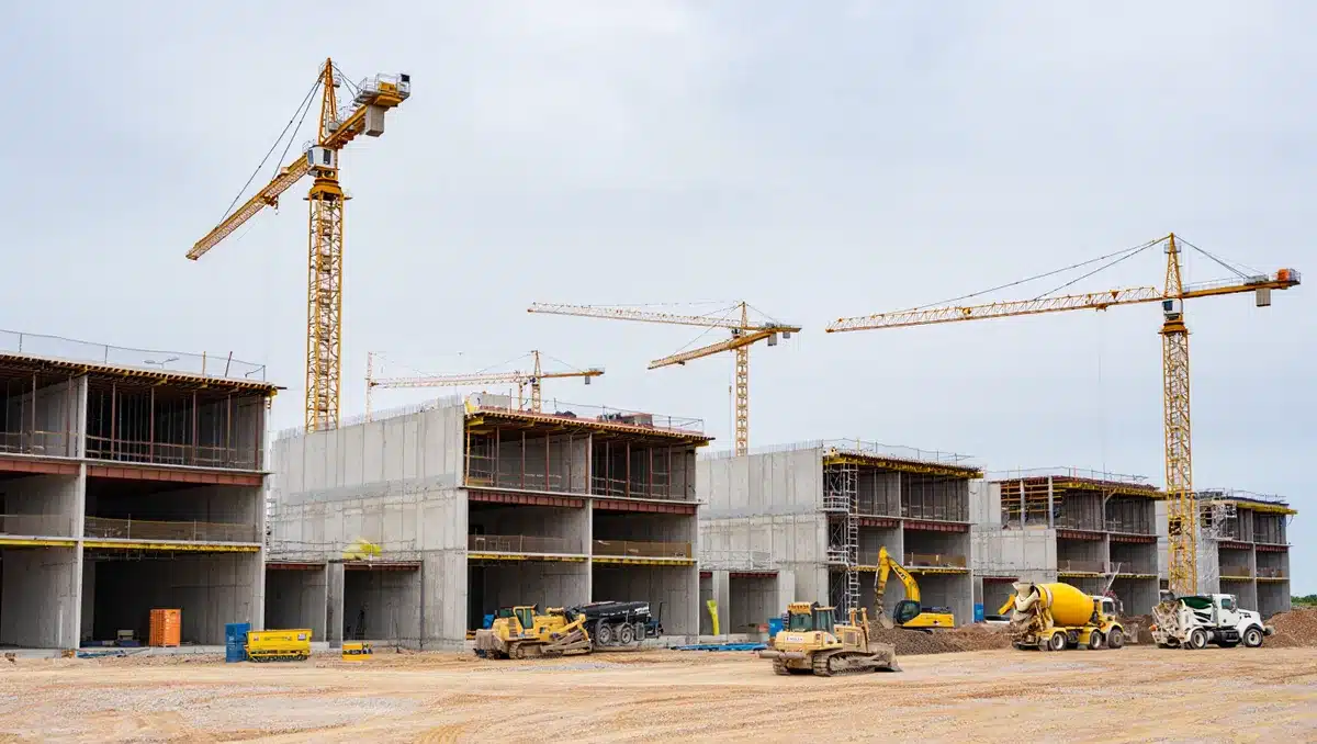 A construction site with multiple large structures under development, cranes and equipment visible, a wide view of a data center campus under build-out in a Texas landscape | data center construction site