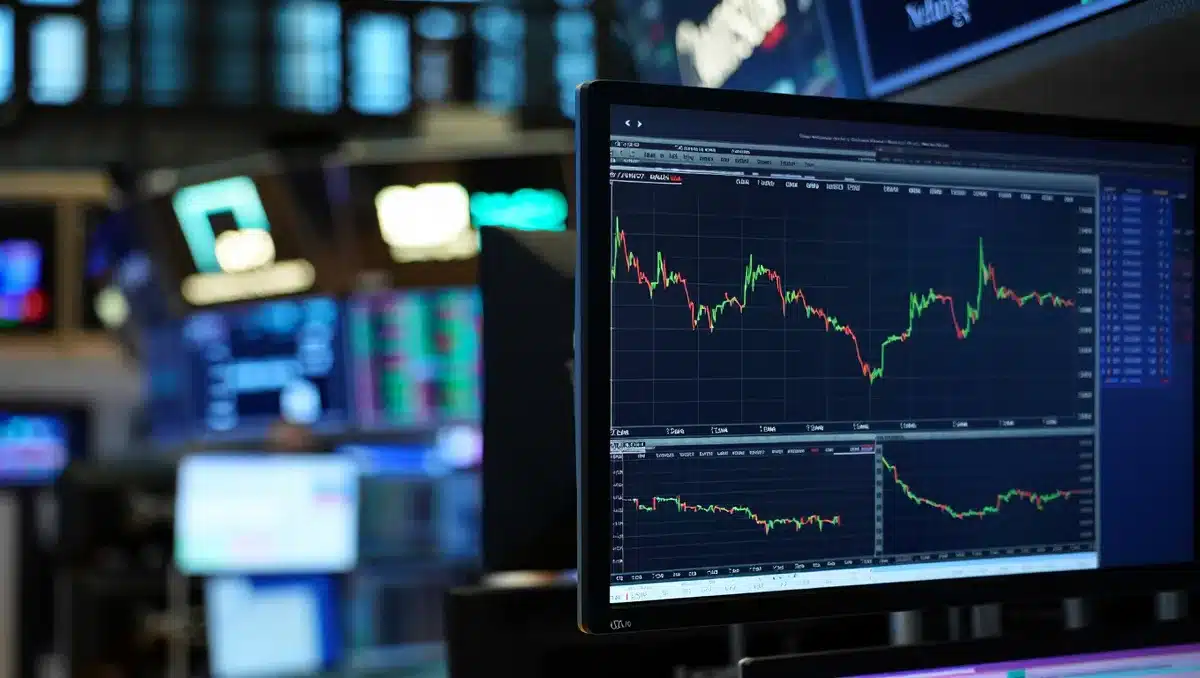 A split-screen chart display showing wage growth trends, with ascending and descending lines representing income quartiles, mounted on a financial trading floor with blurred market screens in the background | wage growth chart economic data
