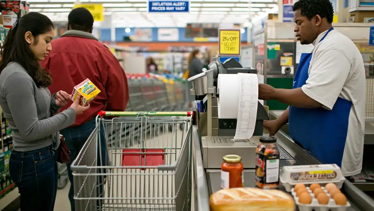 A busy grocery store checkout with shopping carts and receipt paper, showing price tags and inflation-related signage, customers in casual clothing examining items | grocery store inflation shopping