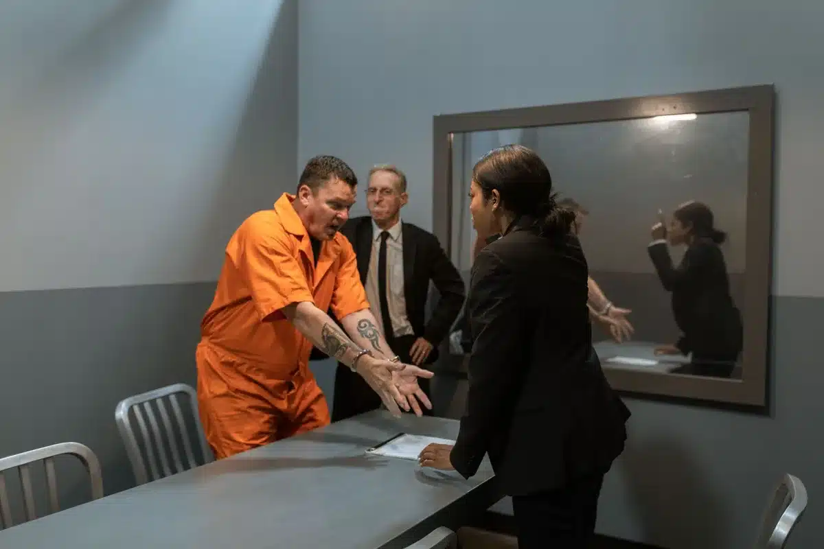 Police custody room with anonymous woman seated at table, officer standing nearby, fluorescent lighting casting harsh shadows, tense atmosphere