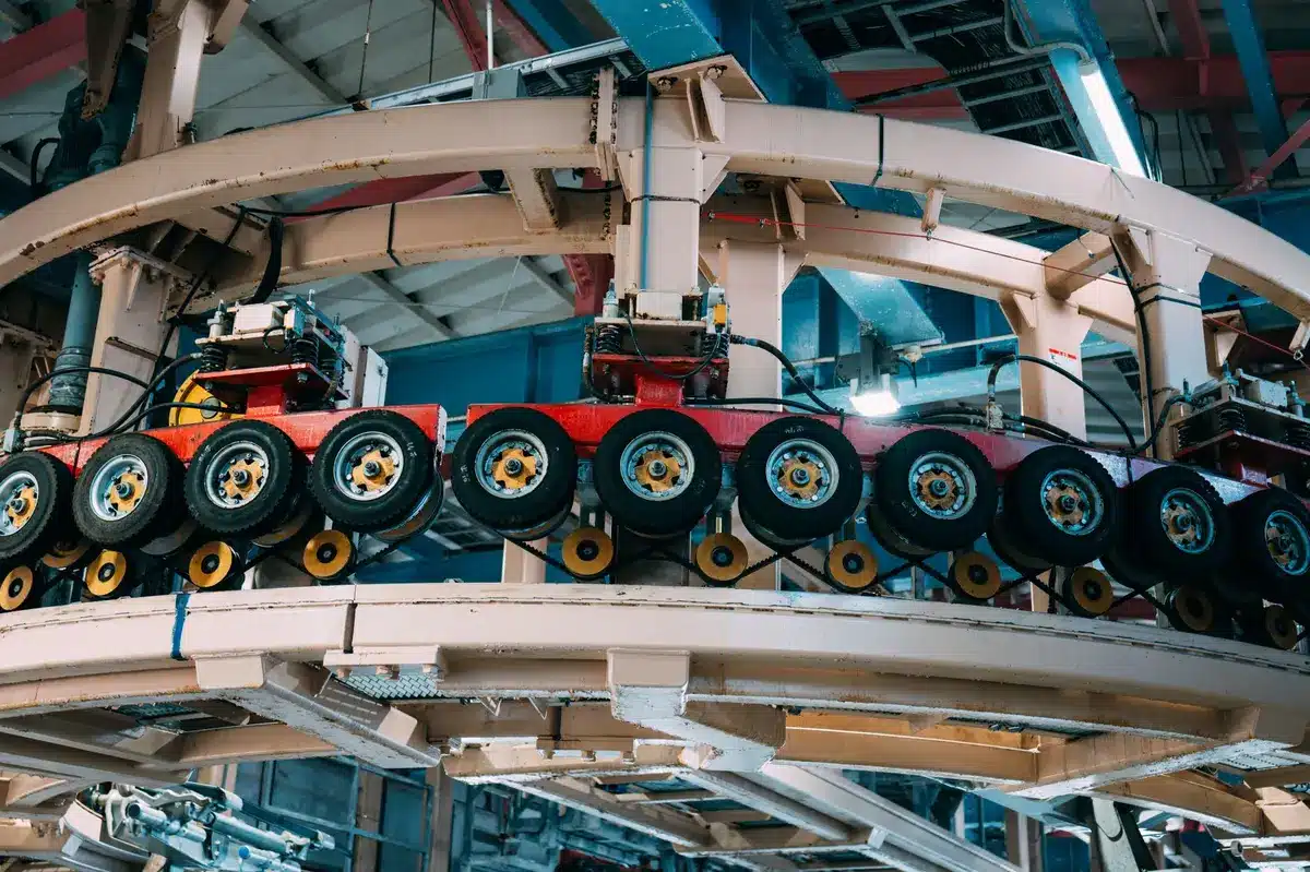 Industrial factory floor with machinery and equipment in operation, steel fabrication in progress, workers in hard hats, bright overhead lighting