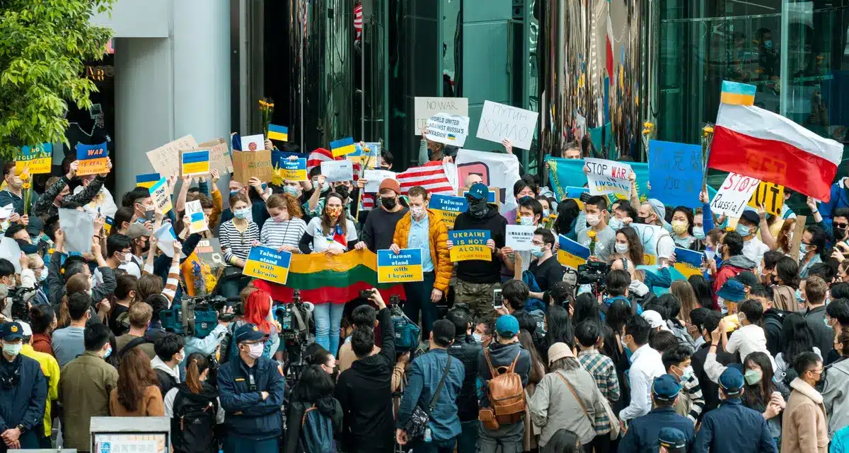 A diplomatic protest scene with Japanese and Russian flags, formal government building with stern expressions