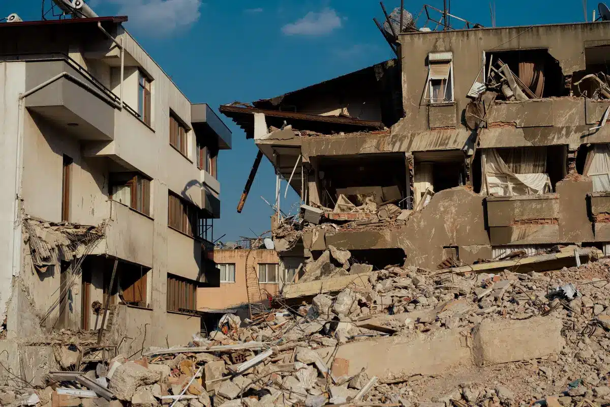 Destroyed buildings and rubble in an urban Gaza neighborhood, smoke rising from damaged structures, afternoon sunlight casting long shadows across devastated streets and vacant storefronts.