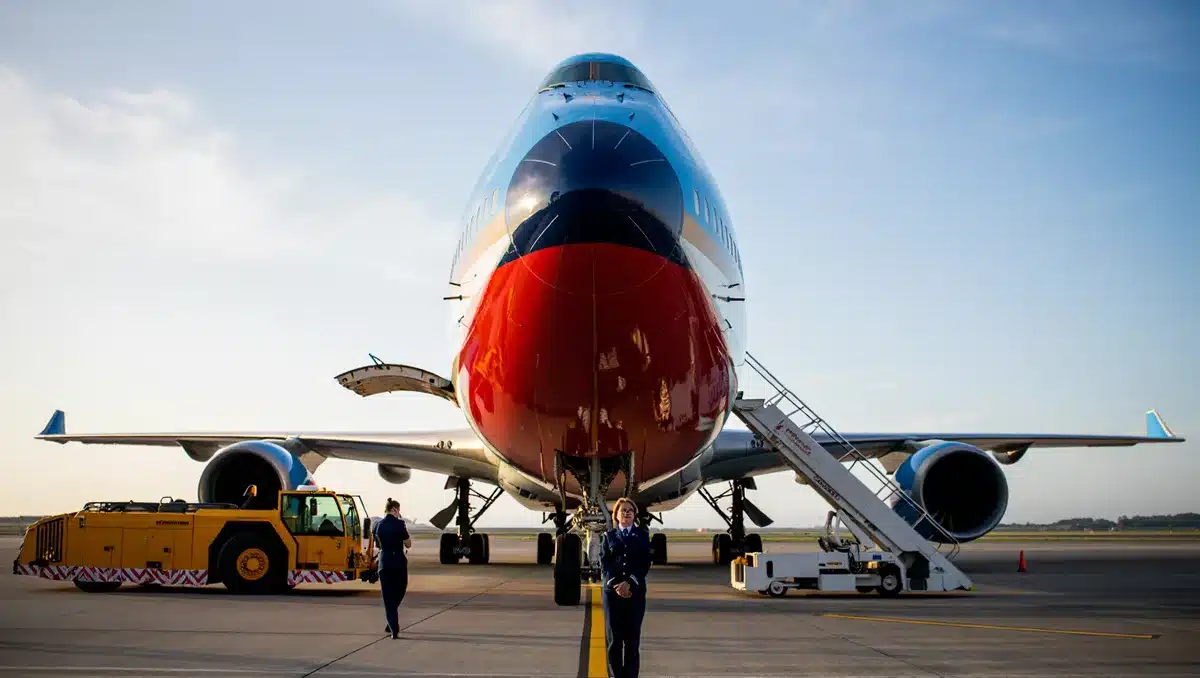 A sleek Boeing 747-8 aircraft parked on an airport tarmac, gleaming in daylight, with ground crew and support vehicles nearby. The plane displays the distinctive red, white, and dark blue Air Force One livery.