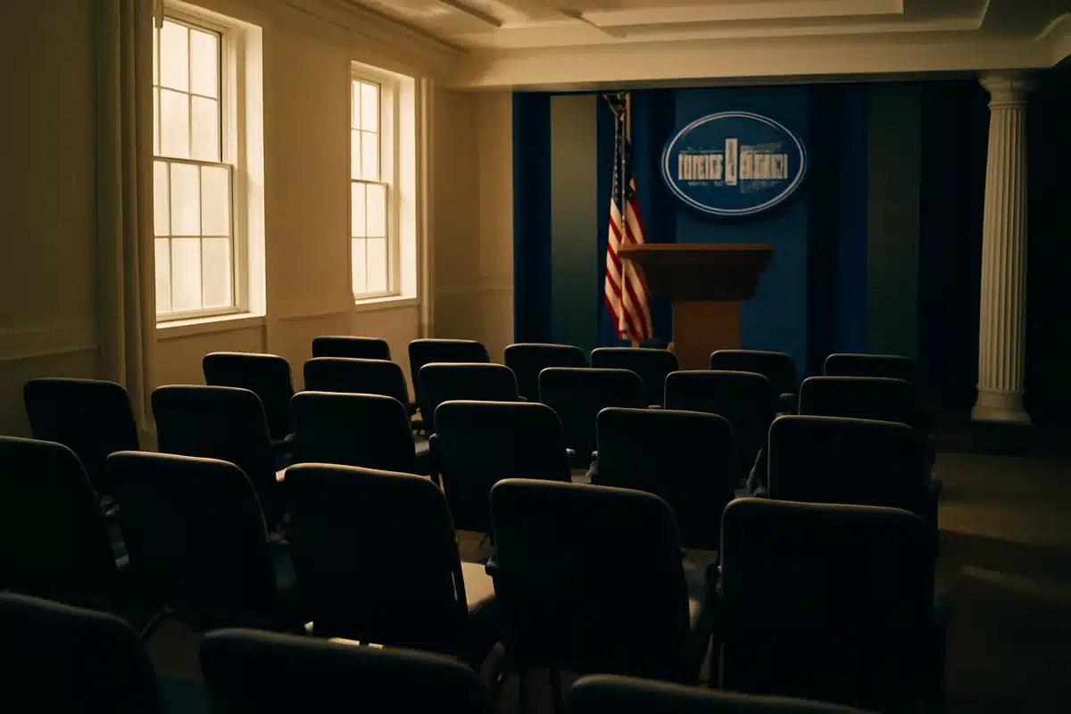 An empty White House briefing room with rows of chairs facing a podium, soft light through tall windows, a sense of transition and change