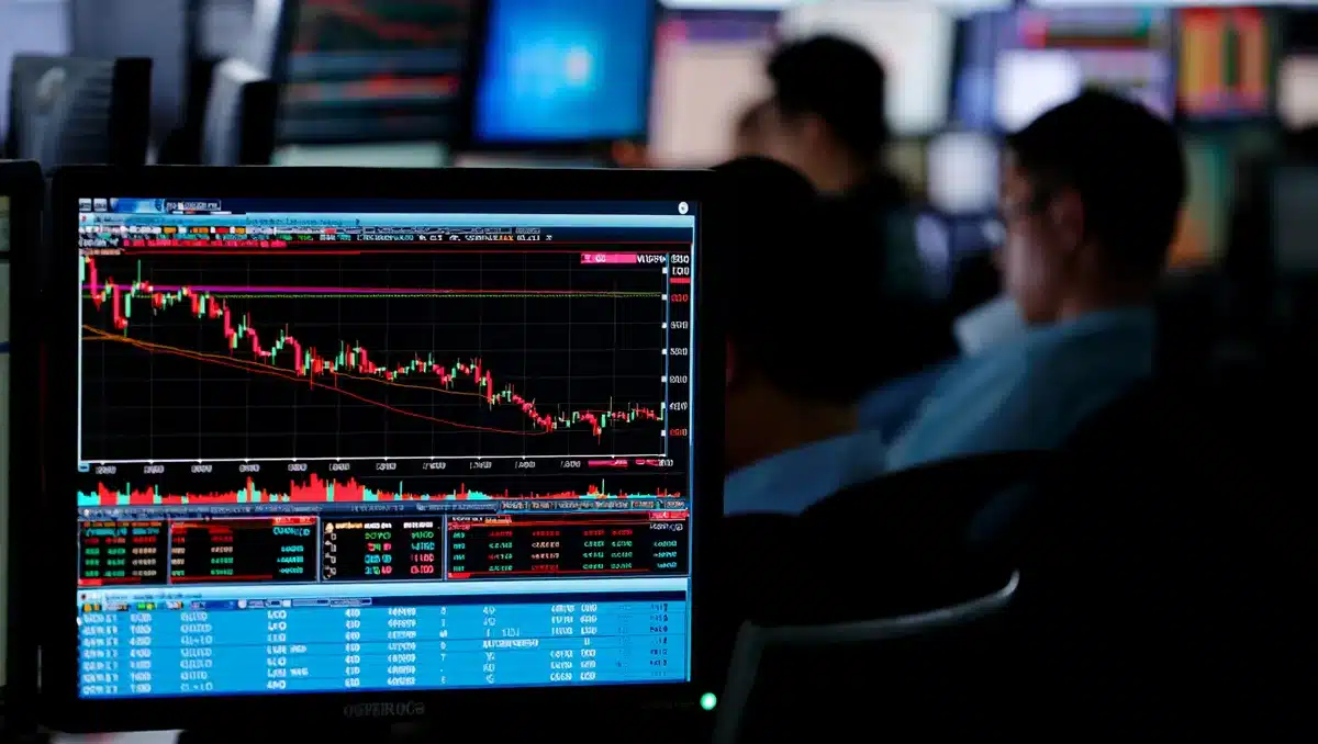 A stock market display showing declining price charts for optical networking stocks, with red candlesticks and falling trend lines, amber and dark tones conveying market pressure | stock market trading screen losses