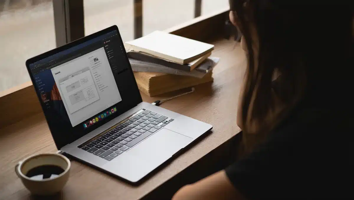 A quiet author's desk with an open laptop displaying a Substack interface, a stack of manuscript pages beside it, morning light filtering through a window, a coffee cup half-full &mdash; anticipation.
