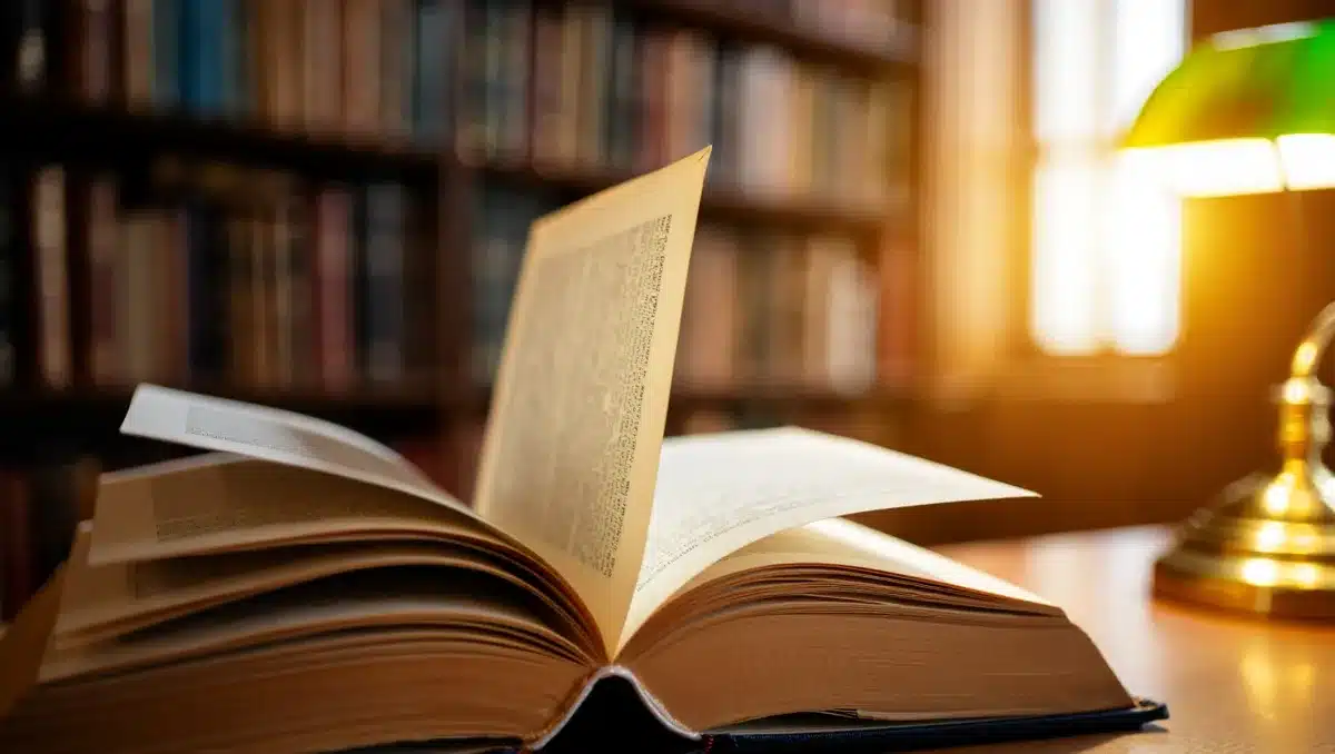An open book with pages turning, light catching the text, a background of a library or study filled with volumes &mdash; legacy.